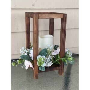Rustic Floral Wood Lantern with LED Candle – Soft Pink & Green Floral Decor